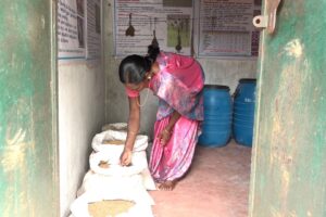 A woman farmer checking out variety of millet seeds in the seed bank 