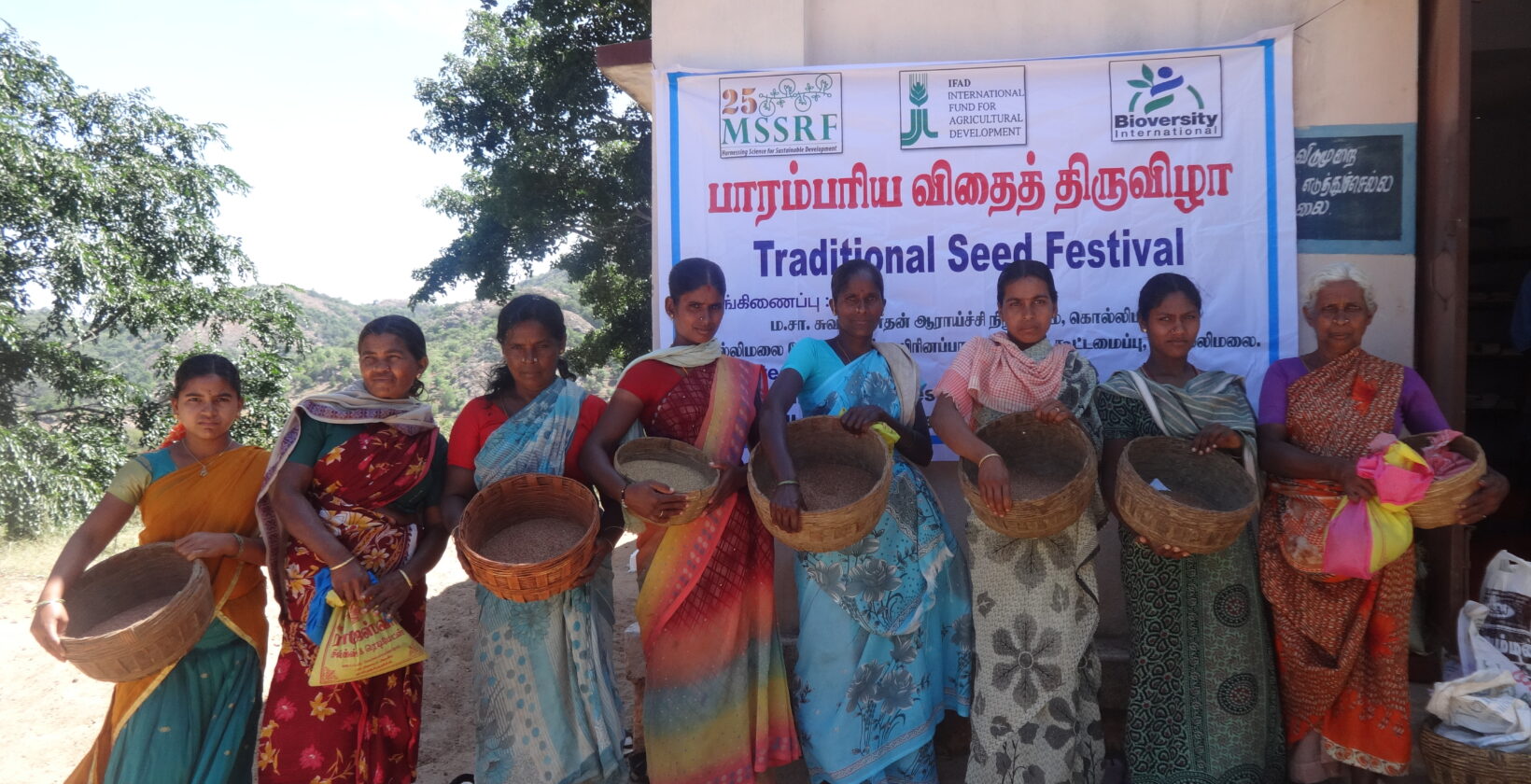 Women farmers showcasing millets cultivated by them in a seed festival 